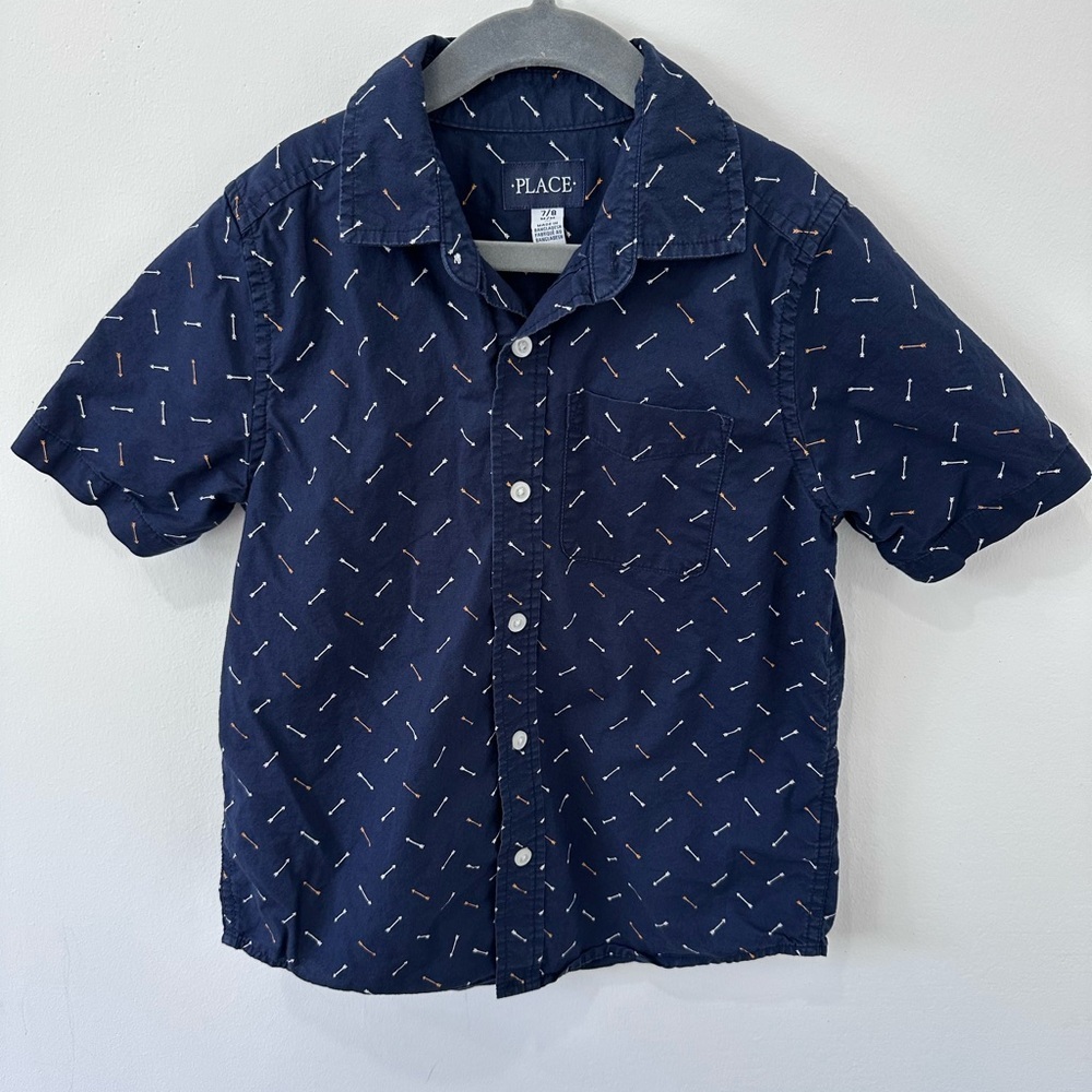 PLACE Boy’s Dark Blue Button-Up Shirt with Arrows